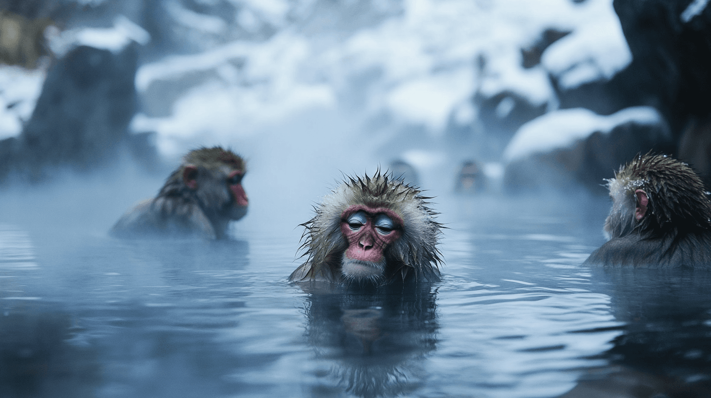 Japanese snow monkeys (macaques) relaxing in a natural hot spring at Jigokudani Monkey Park