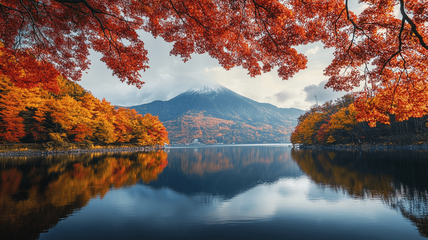 Autumn landscape with Mount Fuji, red maple trees, and their reflection in a serene lake