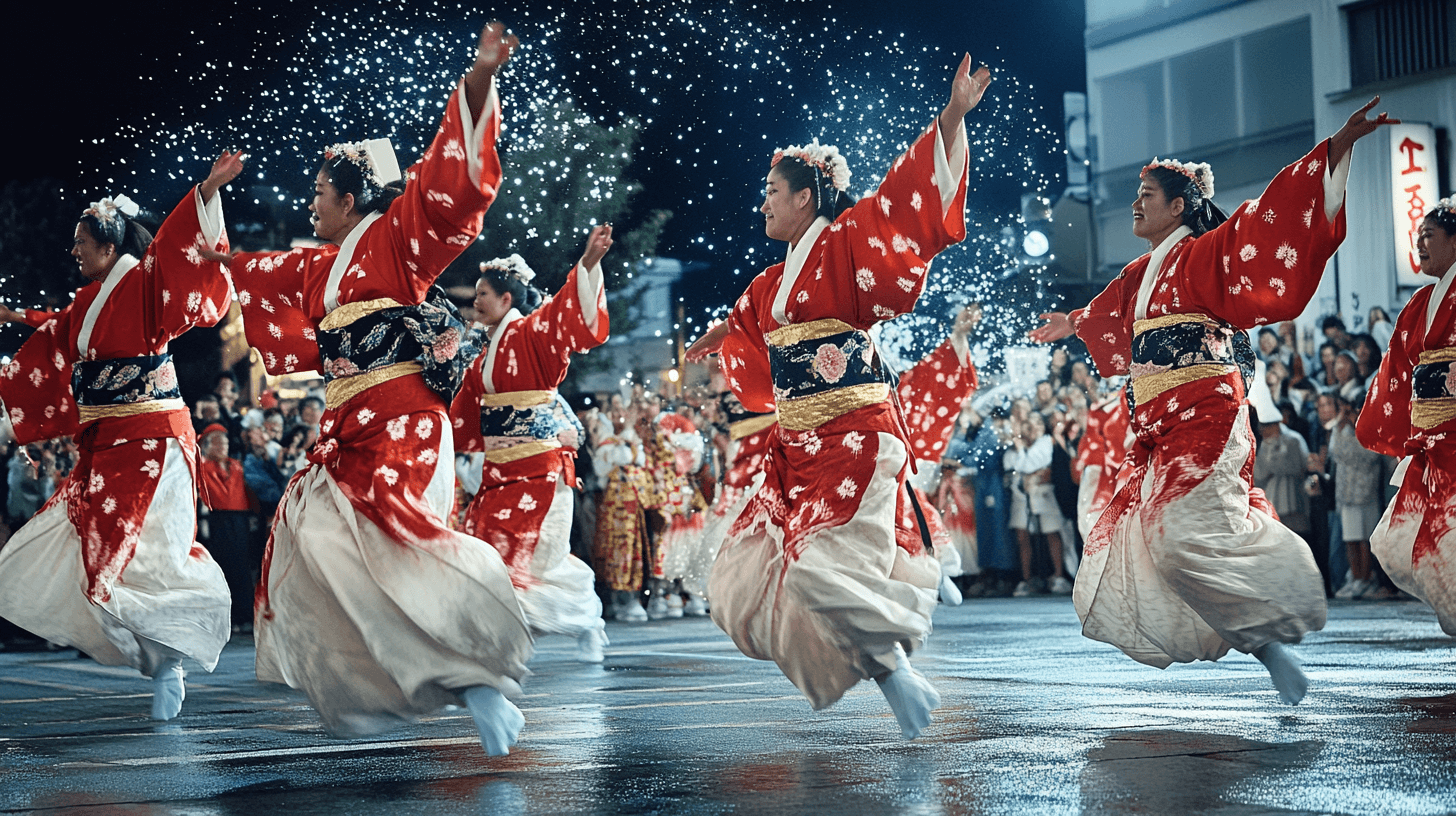 Traditional Japanese festival dancers in vibrant red kimono performing under falling snow or sakura petals at night