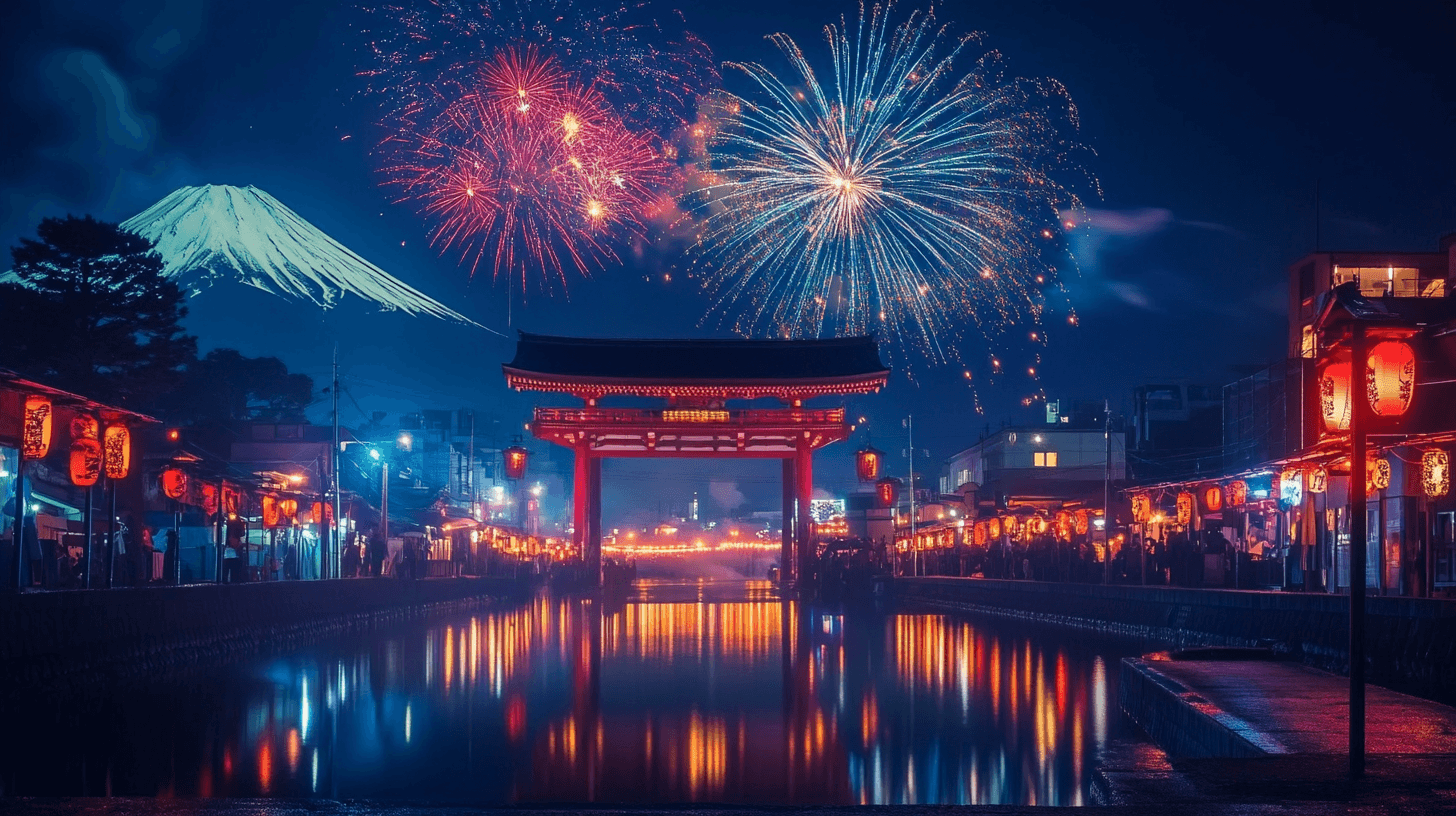 Spectacular fireworks display over a traditional Japanese torii gate with Mount Fuji in the background and red lanterns lining the waterfront