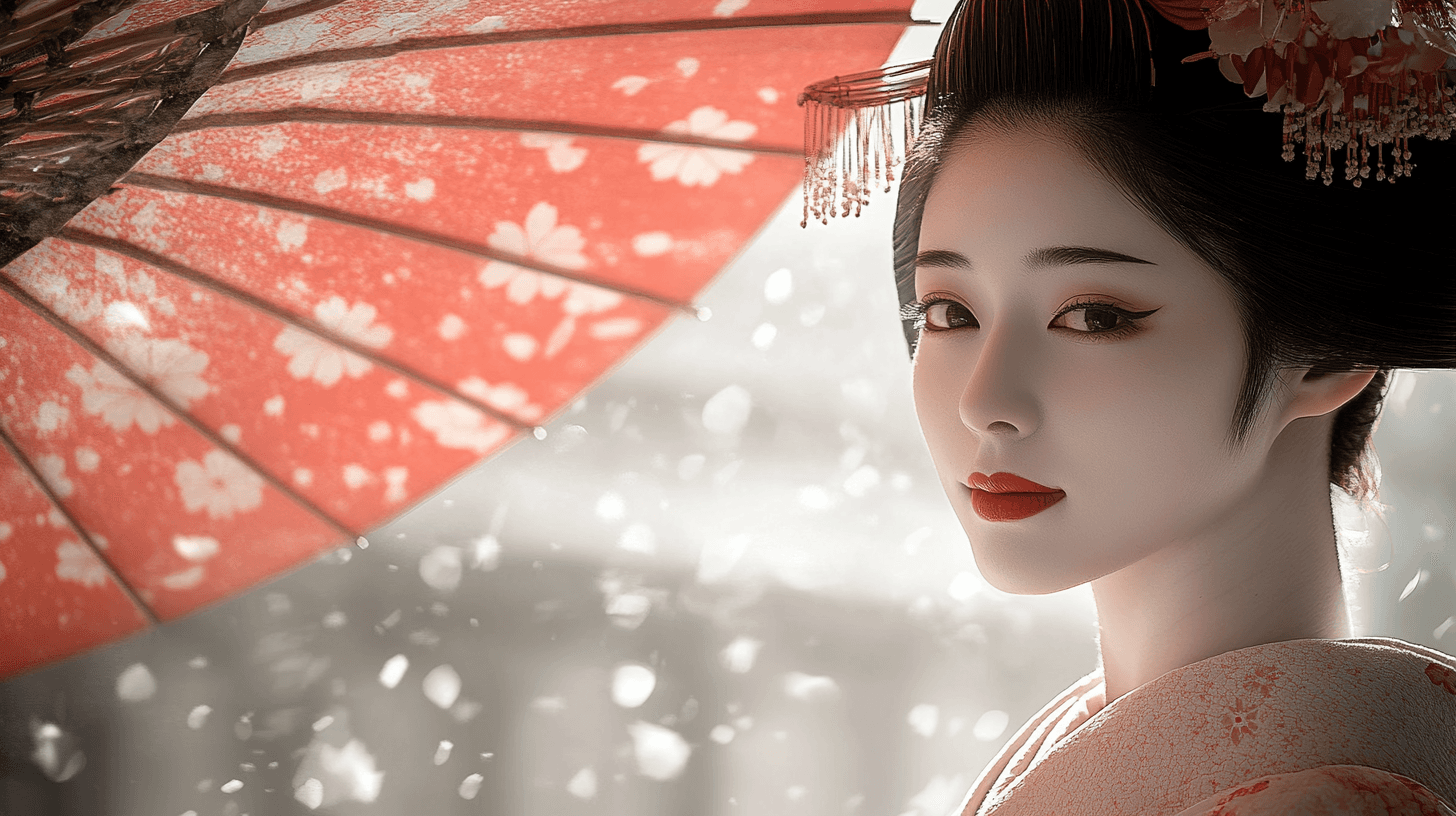 A graceful geisha with traditional makeup and kimono holding a cherry blossom patterned umbrella