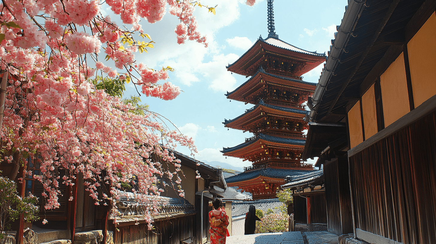Traditional Kyoto street with cherry blossoms and a five-story pagoda