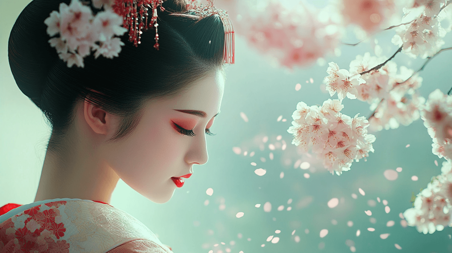 A maiko in traditional makeup and kimono with cherry blossoms falling gracefully in the background