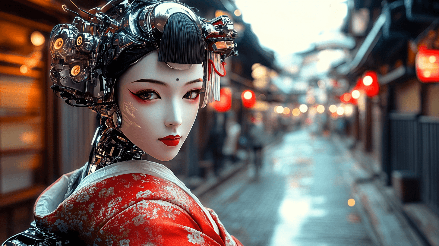 A futuristic geisha with cybernetic enhancements in a traditional red kimono, representing the blend of Japanese tradition with modern technology