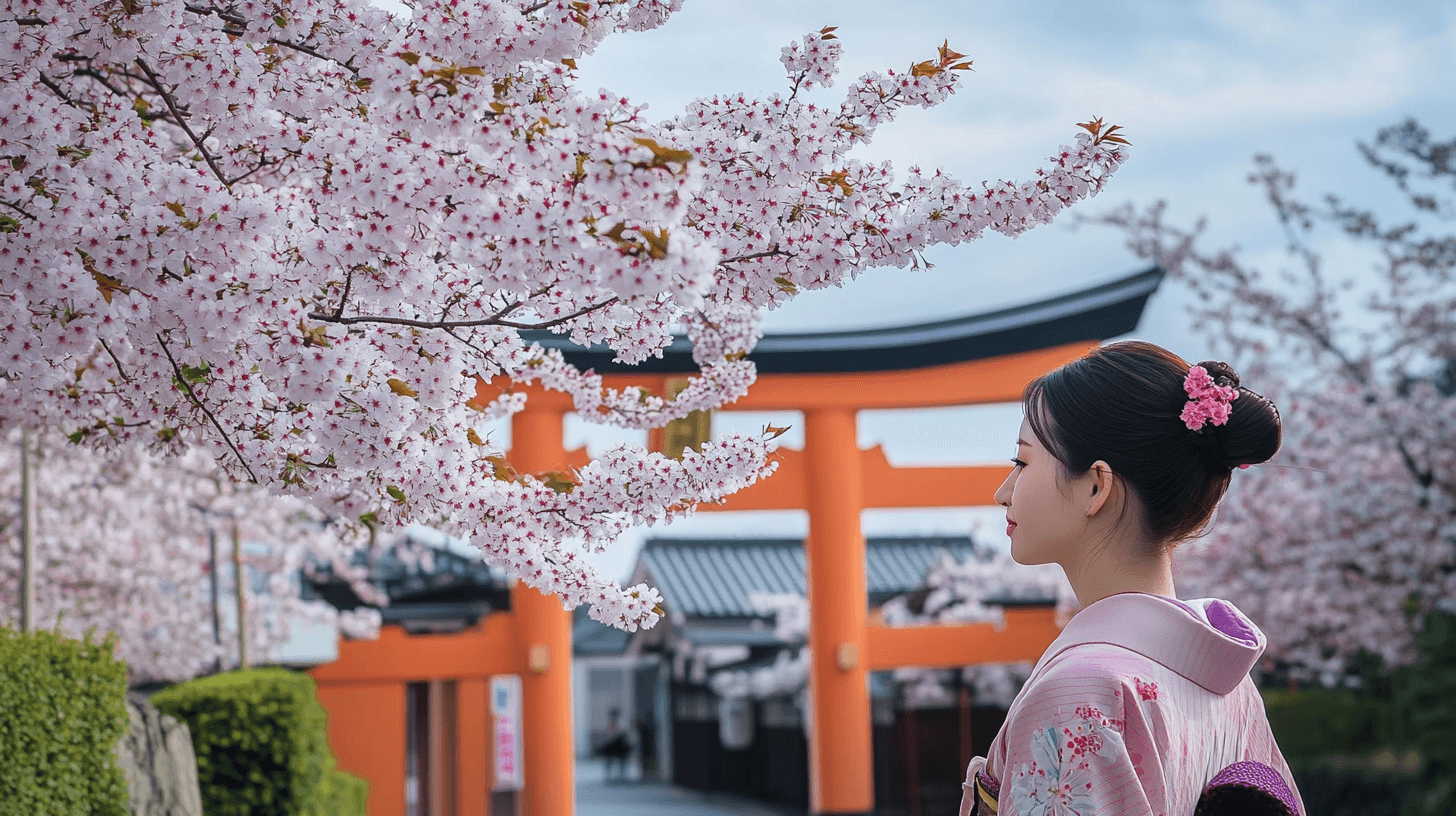 Woman in pink kimono admiring cherry blossoms in front of an orange torii gate during spring