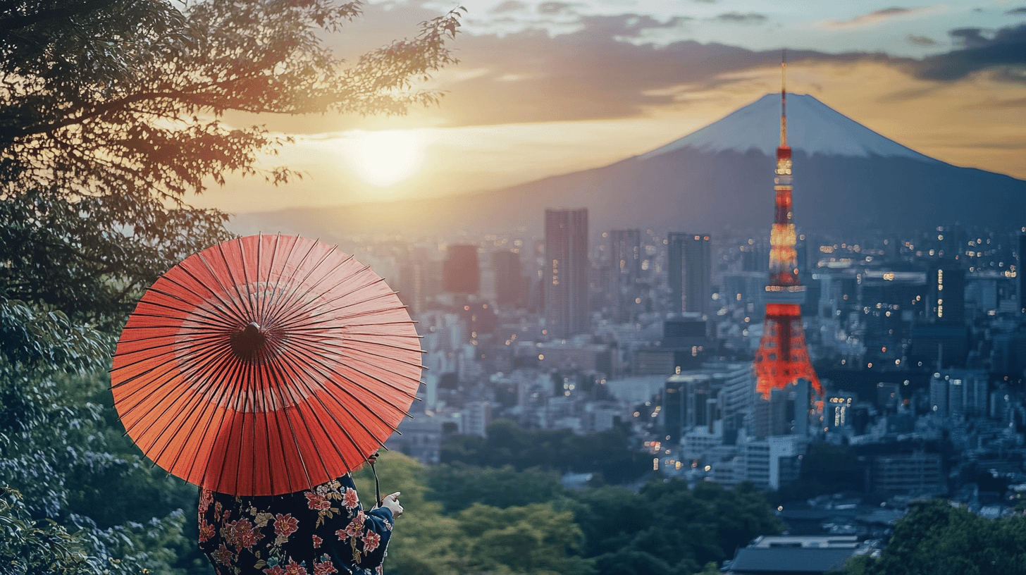 Traditional Japanese summer festival with Tokyo Tower and Mount Fuji in the background
