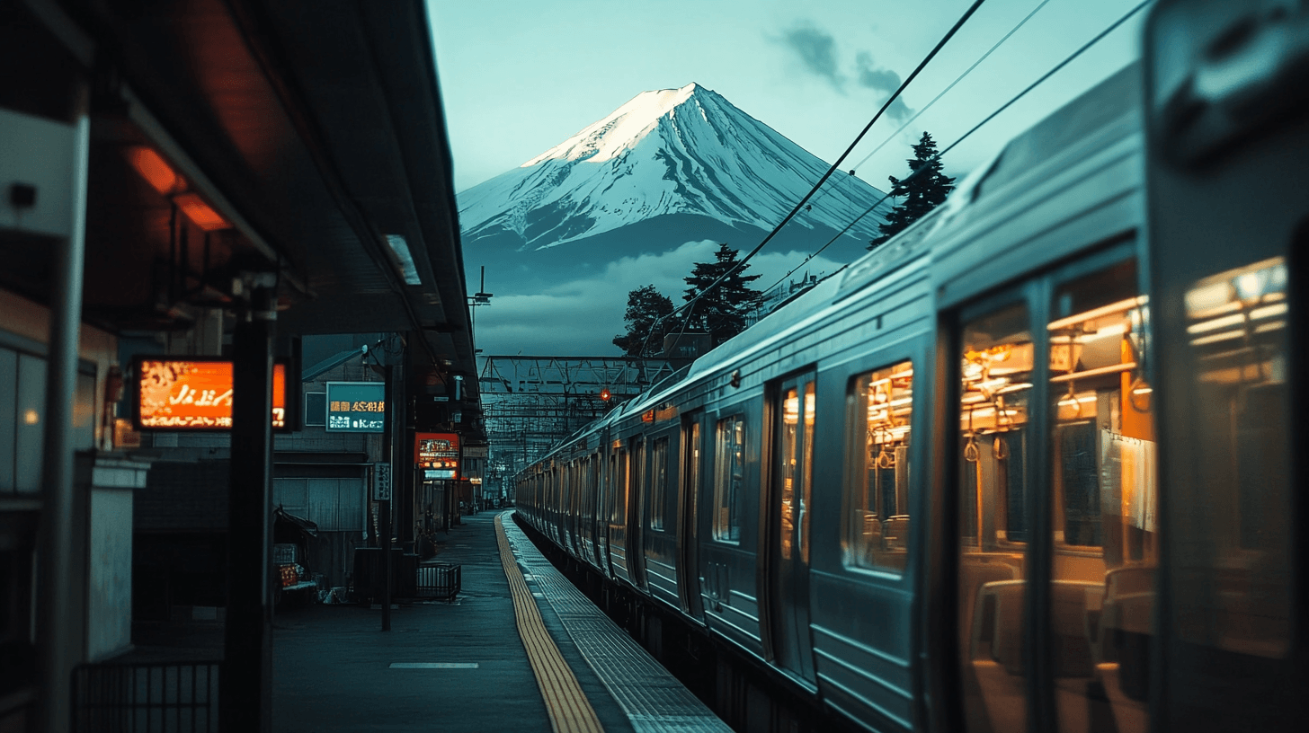 A train station platform with Mount Fuji in the background during sunset