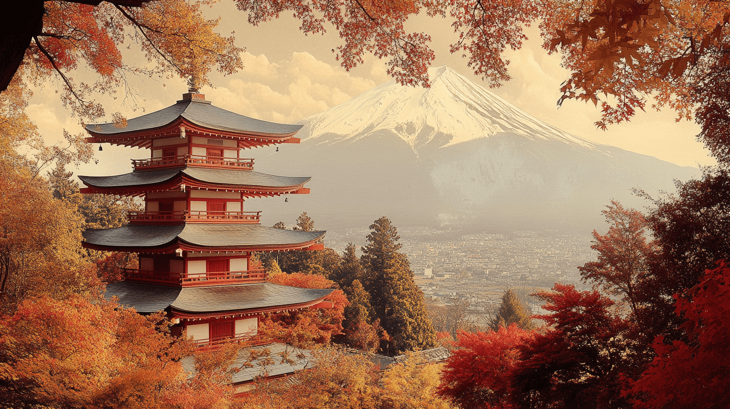 Chureito Pagoda with Mount Fuji in the background during autumn