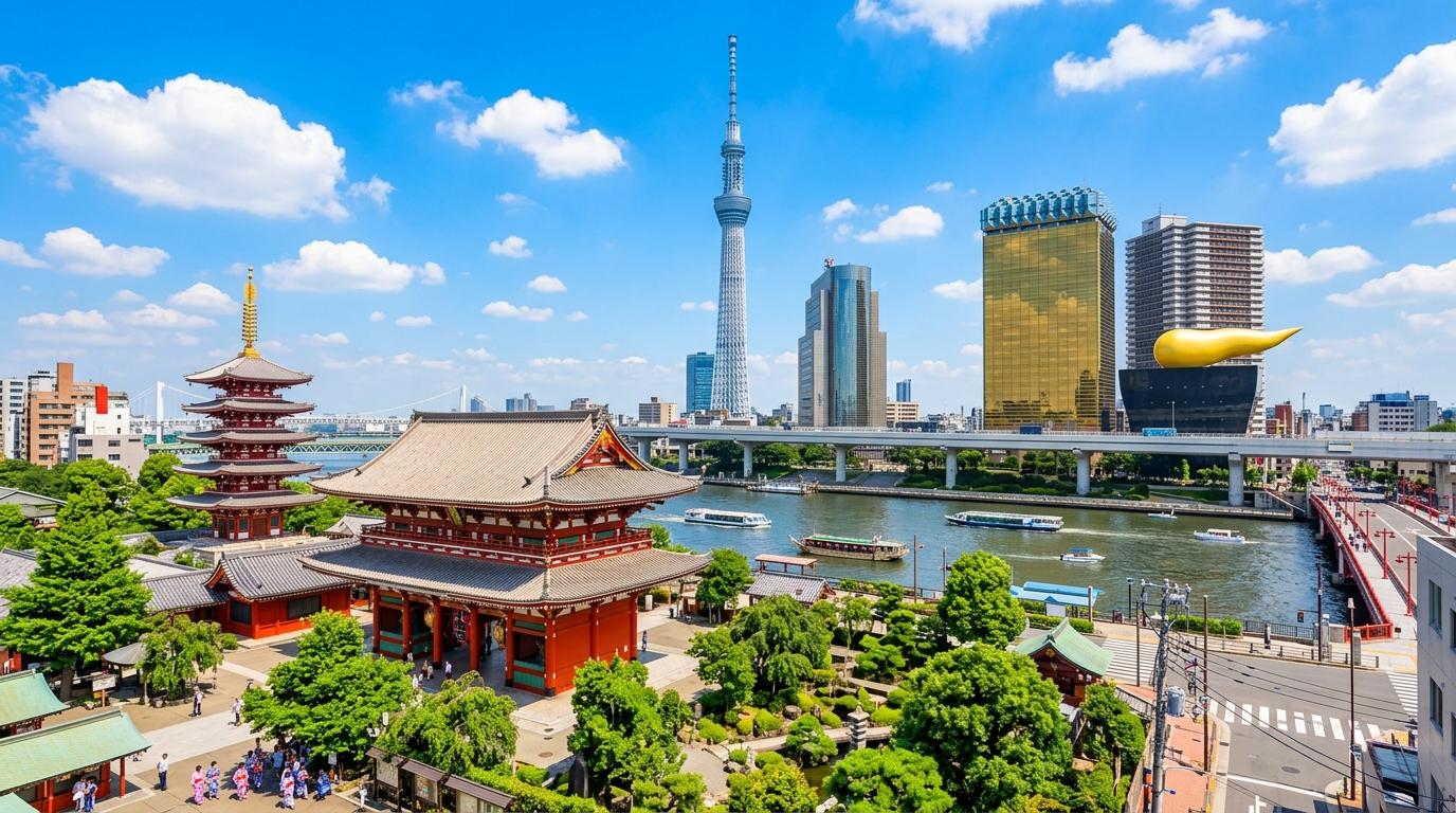 Senso-ji temple and five-story pagoda in Asakusa with the Sumida River and Tokyo Skytree skyline on a summer day